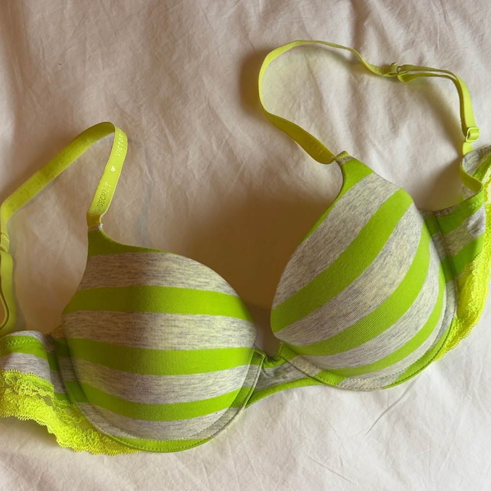 Vintage Victoria's Secret PINK Lime and Gray Striped Bra, 34D